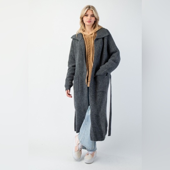 4199. EASEL 🛑AT COST OVERSIZED Grey Cardigan maxi soft long Duster Fuzzy Pocket - Picture 6 of 6